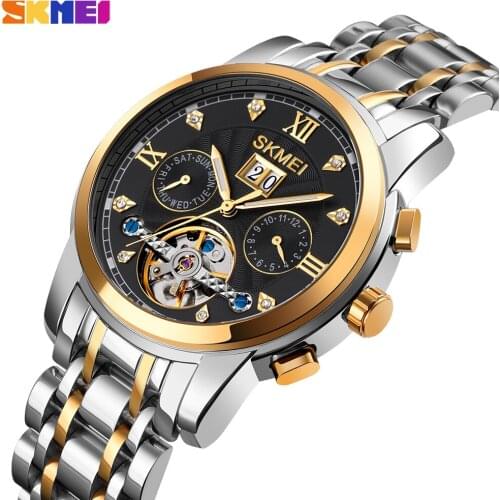SKMEI Luxury Quartz Mens Watch Business Automatic Mechanical Male Clock Waterproof Steel Strap Month Week Display Wristwatch