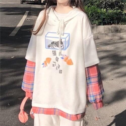 Deeptown Kawaii Hoodie for Teens Plaid Patchwork Sweatshirt Women Korean Style 2021 Soft Girl Pink Plaid Splice Hoody Casual