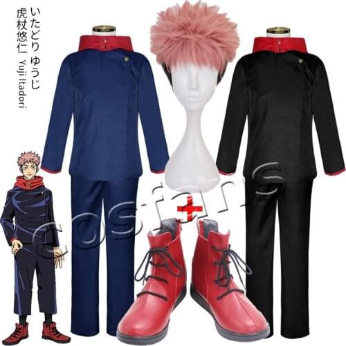 Anime Jujutsu Kaisen Cosplay Yuji Itadori Cosplay Costume Uniform Jujutsu Kaisen Yuji Itadori Pink Black Short Hairs Wig Shoes