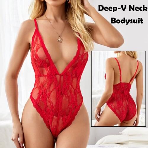 Red Lace Sexy Lingerie Deep V-Neck Lace Strap Teddies Transparent Womens Underwear Sex Backless Corset Lenceria Erotic Costumes