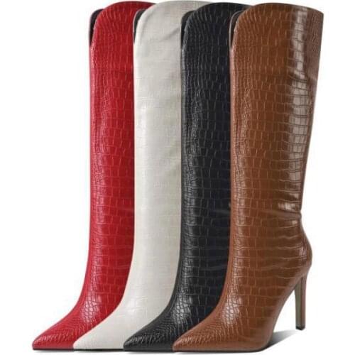 Crocodile Grain Fashion Boots Women 2021 Spring Autumn Thin Heels Pointed Toe Knee High Boots Sleeve Boots Solid Botines Mujer
