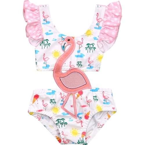 Cute Infant Baby Girls One Piece Swimsuit Fashion Flamingo Print Hollow Bathing Suit Summer Kids Ruffles Suspender Tankini