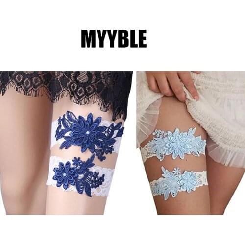 MYYBLE 2020 1 Pair Wedding garter Navy Lace garter set bridal garter vintage lace stretch blue flower toss garter with pearl