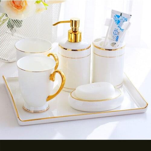 Bathroom Accessories Set Ceramic 5/6 Pieces Set Soap Dispenser Toothbrush Holder Gargle Cups Soap Dish With Tray Wedding Gifts