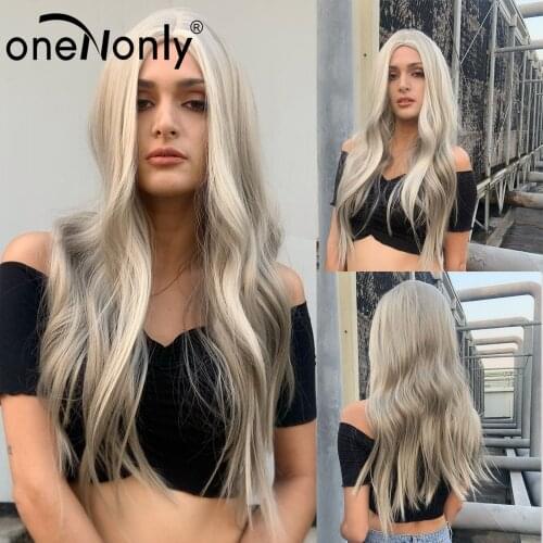 OneNonly Long Natural Wave Ombre Ash Blonde Synthetic Wigs Middle Part for White Black Women Cosplay Daily Hair Heat Resistant