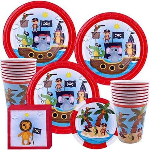 Pirate Party Cartoon Theme Red Series Childrens Birthday Decorations Disposable Plates Paper Towels Cups Party Supplies