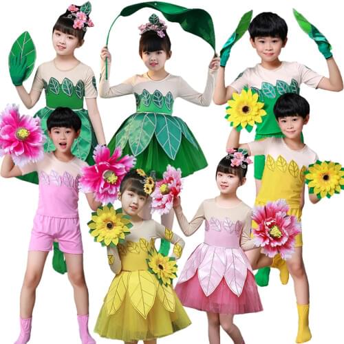 Green leaf dress for girls leaf costume childrens performance dance costumes botany cosplay clothing festival dance suit boys