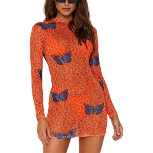 Womens cream print dress fashion sexy mesh transparent long-sleeved slim package hip dress soft breathable skin-friendly