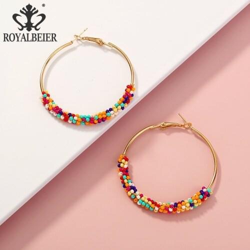 Royalbeier Women Handwoven bohemian Flower Bead Drop Earrings Vintage Colorful Circle Earrings Fashion Jewelry Bikini Charms