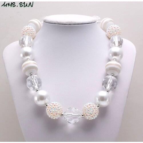 MHS.SUN 5PCS Baby Chunky Bubblegum Necklace White DIY Handmade Rhinestone Beaded Necklace For Kids Girls Children Party Gift