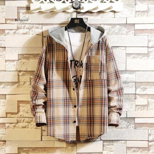 Casual with Hooded Plaid Shirt Men Shirts Long Sleeves New Spring Autumn Plus Asian Size M-5Xl