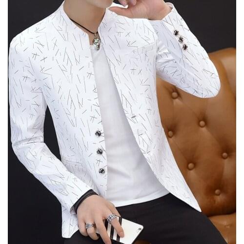 Spring and Autumn Mens Printed Small Suit Mens Slim Stand Collar Casual Suit Thin Jacket
