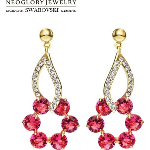 Neoglory Austria Rhinestone & Zircon Long Dangle Earrings Light Yellow Gold Color Flower Design For Women Elegant Trendy Gift
