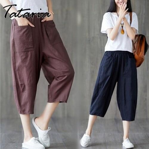 Womens Cotton Linen Pants Harem Elastic Waist Vintage Splicing Thin Soft Girl Pants Capri Casual Loose Calf-length Trousers2021