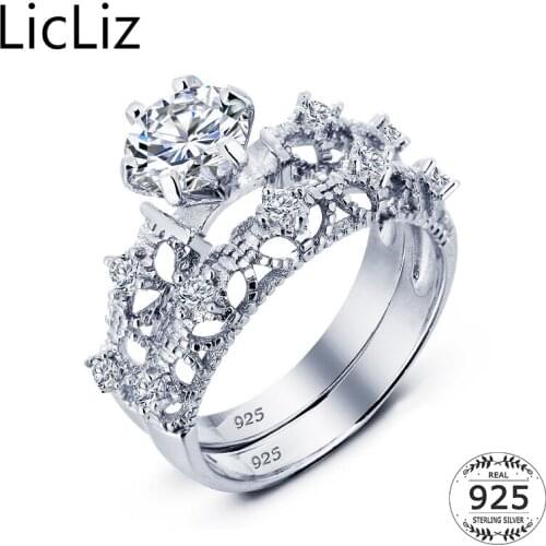 LicLiz 925 Sterling Silver Bridal Ring Set Womens Cubic Zirconia Engagement Wedding Ring Set Hollow CZ Solitaire Ring LR0490