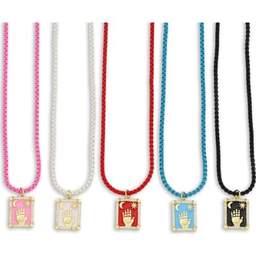 Geometric Fatima Hand Evil Eye Chain Necklace for Womens Colorful Crystal Moon and Sun Jewlery collier main de fatma