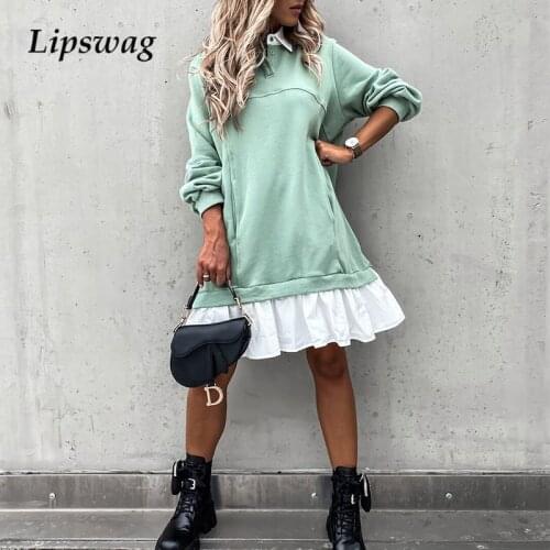 2021 Spring Fashion Lace Patchwork Solid Mini Dress Women Autumn Elegant Turn-down Collar Party Dresses Lady Long Sleeve Vestido