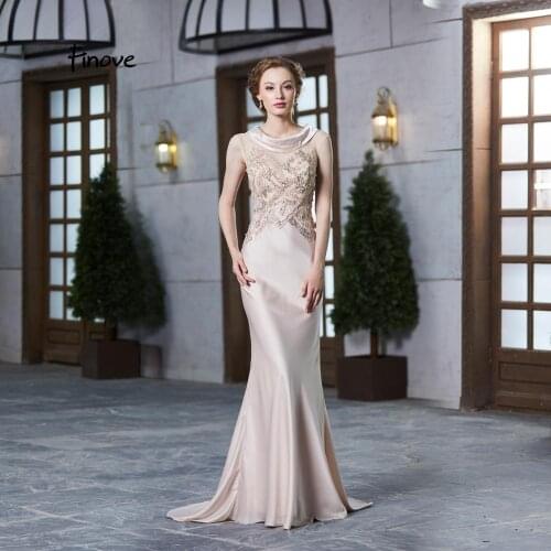 Finove Elegant Evening Dress Long 2020 O Neck Sleeveless With Appliques Pearls Long Floor Length Party Mermaid Dress For Women
