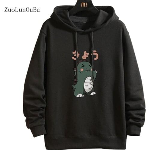 Winter Japanese Style Men Coat Black Fleece Sweatshirt Long Sleeve Plus Size Pullover Dinosaur Print Harajuku Hoodie