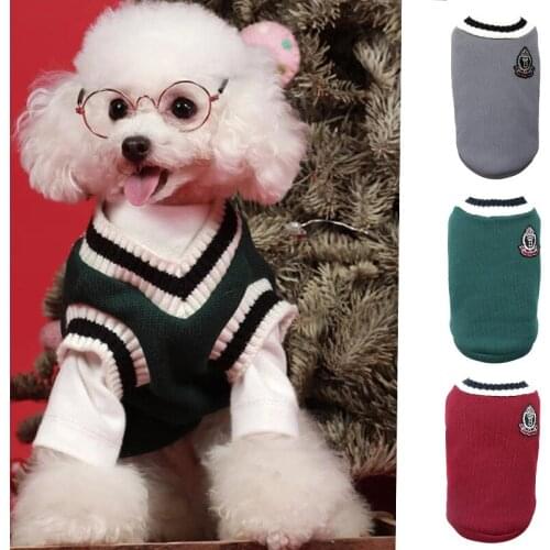 1PC Dogs Knitted Vest V-neck Plush Sweater Pets Costume Winter Warm New British Korean Halloween 2021 Pet Clothing Plus Size
