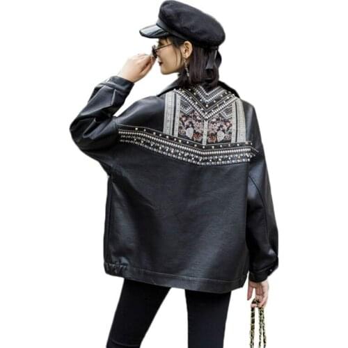 2020 Embroidery Leather Jackets Women Loose Rivet Punk PU Leather Cotton Coats Fashion Motorcycle Outerwear Lady Mujer Chaqueta