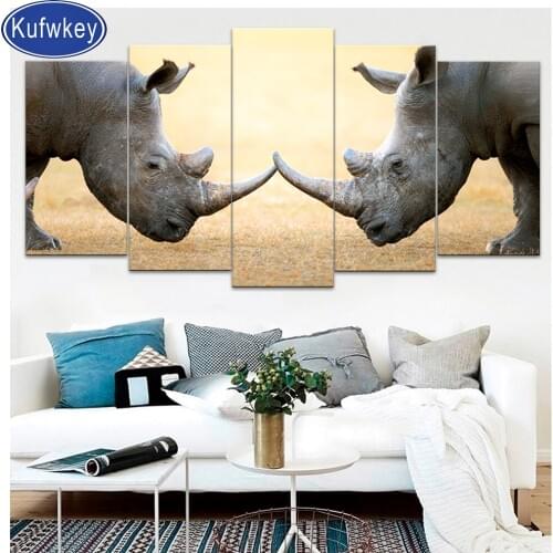 5 pcs Rhinoceros for Fight diamond embroidery round rhinestone mosaic cross stitch 5d full square diamond painting wild animals