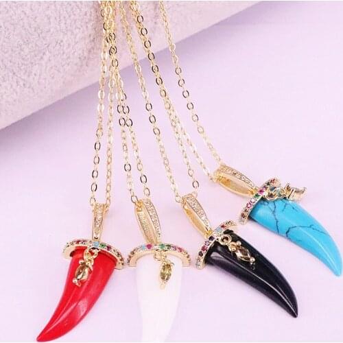 5Pcs Howlite Stone / Shell / Agates Tusk Pendant - CZ Micro Pave Metal Cap - Horn Pendant Necklace
