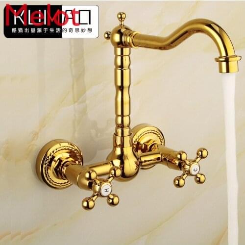 European brass gold dark embedded wall-type double-hole hot and cold tap toilet full copper basin wash face tap