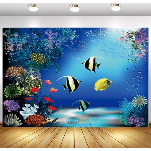 Seabed Fish Coral Shell Blue Underwater Backdrops Aquarium Baby Shower Birthday Photography Background For Photo Studio