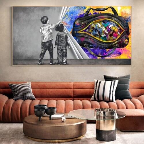 Graffiti Street Art Behind The Curtain Dollars Canvas Painting On The Wall Posters and Prints Money Bull Inspiring Decor Cuadros