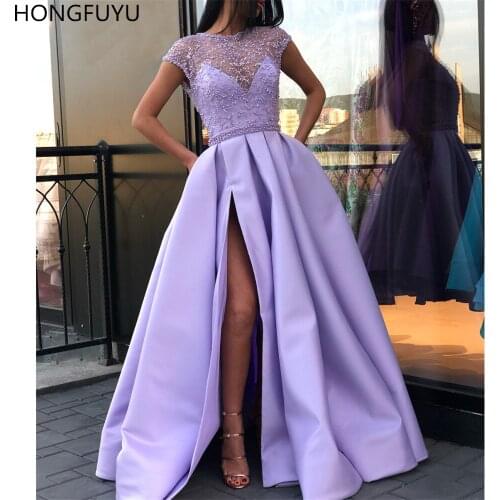 HONGFUYU Satin A Line Prom Gowns Cap Sleeves Side Split Evening Dresses with Pockets Long Robe De Soiree Beading Formal Dress