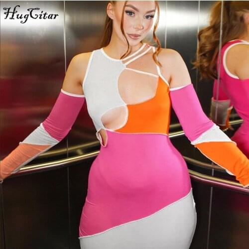 Hugcitar 2021 Long Sleeve Off-Shoulder Asymmetric Hollow Out Sexy Dress Triple Color Summer Women Streetwear Outfits Y2K Club