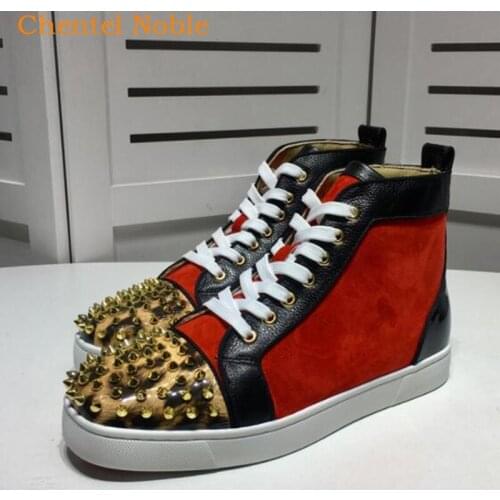 Patent Leather Leopard Patchwork Casual Shoes Men Flats Sole Sneaker Spikes Lace-Up Mixed Color Breathable Vulcanized Shoes