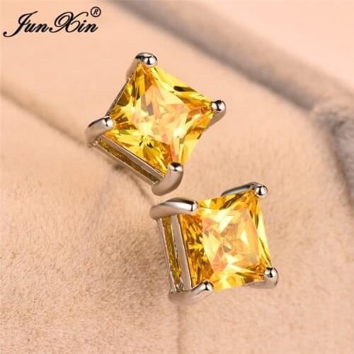 Cute Female 6mm Small Yellow Stone Earrings Fashion Silver Color Wedding Double Earrings Vintage Stud Earrings For Women