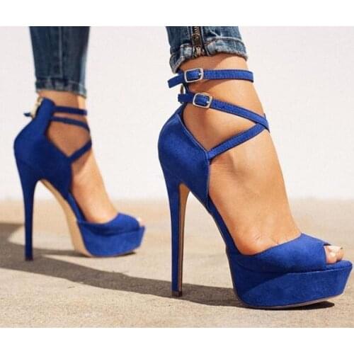 Moraima Snc Peep Toe Ankle Strap Woman Sandal Summer Blue Suede Cross-tied Thin Heels Shoes Cutouts Gladiator Sandal