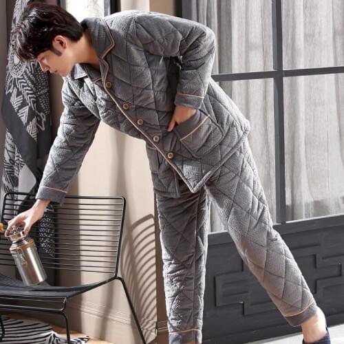 Pajamas with Cotton Mens Winter Thickened Beibei Plush, Three-layer Plush, Cotton Padded Jacket, Flannel Household Suit
