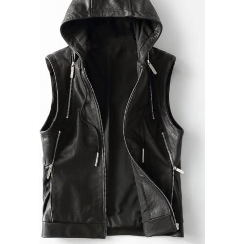 2020 New Leather Vest Hooded Genuine Leather Jacket Men Sheepskin Coat Casual Mens Vests Vintage Colete Masculino KFS19M014