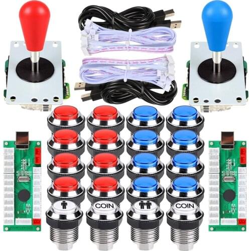 2 Player Ellipse Arcade Kit Standard Bat Joystick + LED Chrome Arcade Buttons for Video Games Controllers Part Red Blue