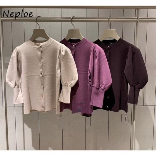 Neploe 2021 Japanese Style O-neck Slim Fit Sweater Chic Exquisite Button Solid Color Top Sweet Puff Sleeve Knitted Cardigans