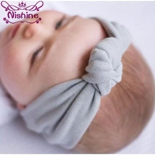 Nishine 1Pcs Girls Tie Knot Headband Knitted Cotton Blend Children Solid Color Elastic Hair Bands Turban Cute Headwraps