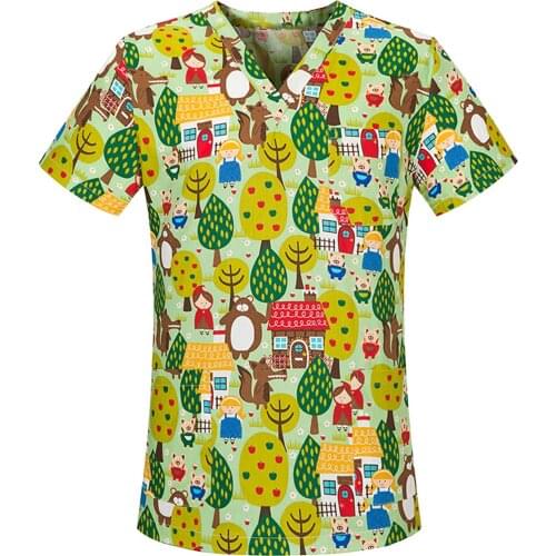 2021 New Multicolor animal flower print uniform V-neck nurse short-sleeved T-shirt beauty salon nursing uniform lab uniform
