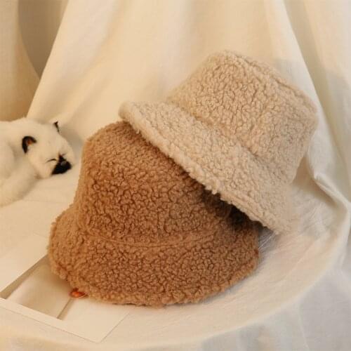 Unisex Keep Warm Bucket Hats Japanese Style Pure Color Fisherman Hats For Women Autumn Winter Artificial Fur Caps Female Gifts