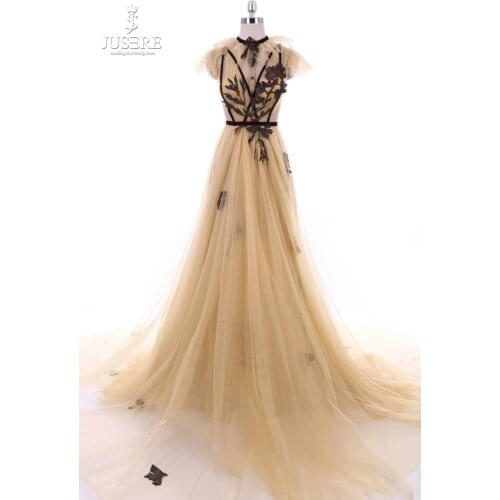 Jusere 2019 Haute Couture Real Photos Contrast Color Appliques Yellow Prom Gowns Lolita Neck Party Dresses Illusion Waist