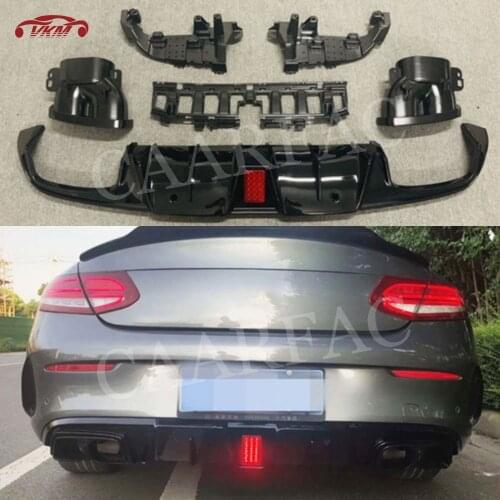 PP Gloss Black Material Rear Bumper Diffuser Light with Exhaust Fit for Benz C Class C205 C63 AMG Coupe 2 Door 2015-2019