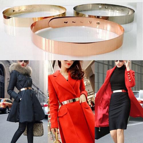 2018 Brand New Women Adjustable Metal Waist Belt Metallic Bling Gold Plate slim Simple Belt