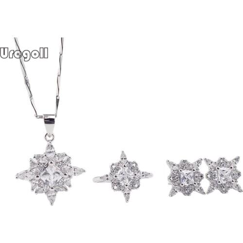 Luxury Pure 925 Sterling Silver Jewelry Set For Women Snowflake Zircon Necklace Earrings Ring Set Gifts For Bride Wedding Party