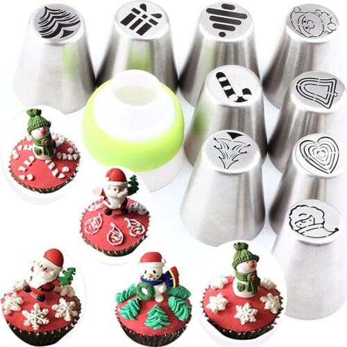 Christmas 9Pcs Icing Piping Russian Nozzles Pastry Tips And 1Pcs Converter Coupler Pastry Stainless Steel Baking Confectionery