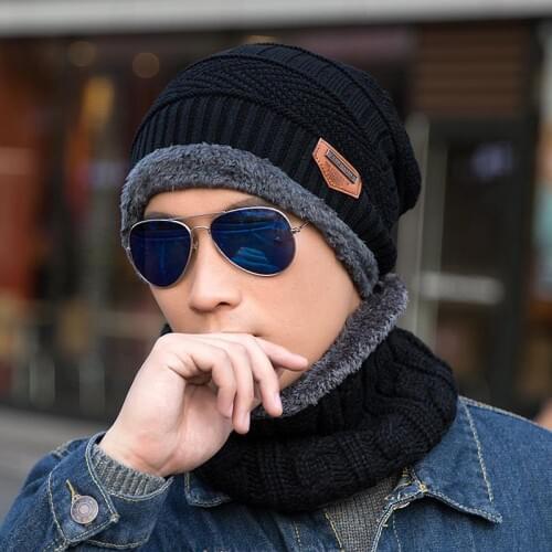 Neck Warmer Knitted Hat Scarf Set Fur Wool Lining Thick Warm Knit Beanies Balaclava Winter Hat For Men Women Cap Skullies Bonnet
