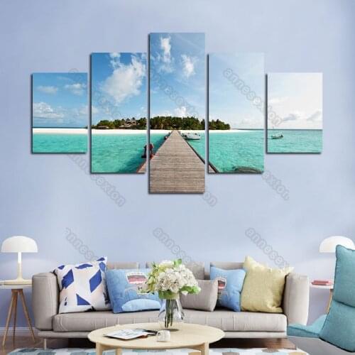 5 Pieces Hd Printed Modern Canvas Painting Poster Blue Sky Green Sea Water Bridge for Living Rooms Bedroom Gallery Wall Decorati