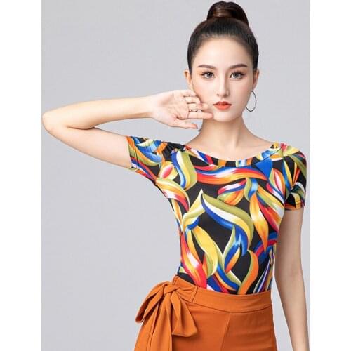 Fashion Print Latin Dance Tops New Adult Female Half Sleeved Practice Clothes Women Ballroom Dance Stage Performance Costumes